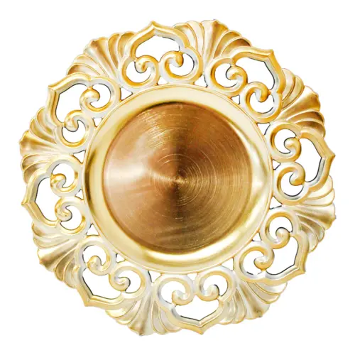Plato de presentación dorado brilloso diseño grecas y hojas de 33cm