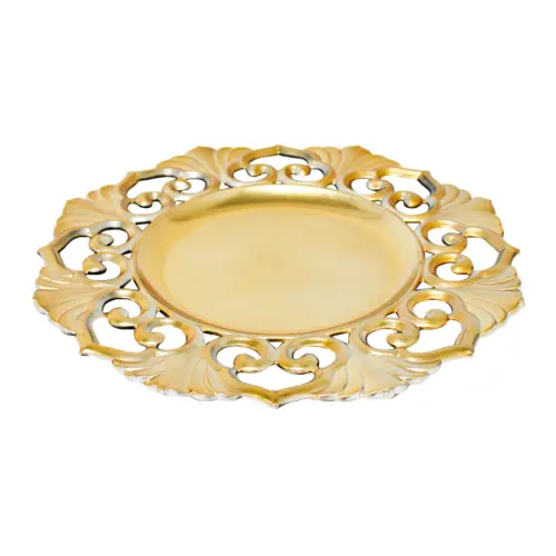 Plato de presentación dorado brilloso diseño grecas y hojas de 33cm