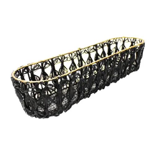 Maceta de metal tejida negra con orilla dorada de 7.5x38x9.5cm