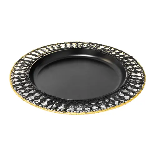 Plato de metal tejido negro con orilla dorada de 1.5x36cm