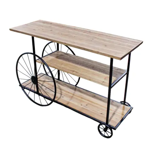 Barra de madera con 3 niveles y ruedas de metal de 120x42x78cm