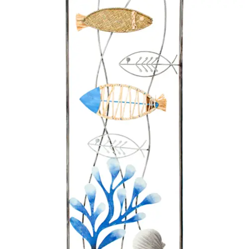 Cuadro metálico diseño peces con arrecife azul  y concha de 30×3.5x76cm