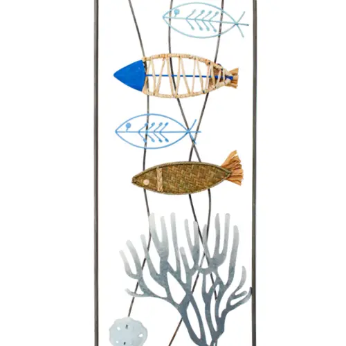 Cuadro metálico diseño peces con arrecife gris  y concha de 30×3.5x76cm