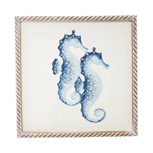 Cuadro de madera con metal diseño caballitos de mar azul de 31x3x31cm