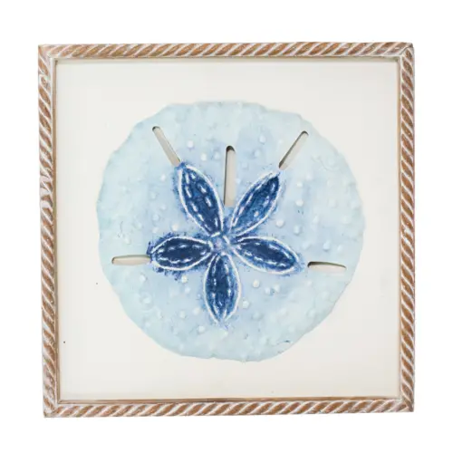 Cuadro de madera con metal diseño flor marina azul de 31x3x31cm