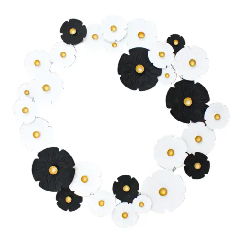 Corona metálica con flores negras con blanco de 87.5×4.5x88cm