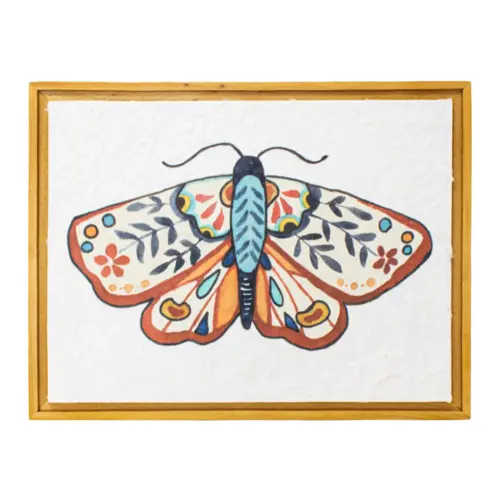 Cuadro de madera diseño mariposa azul con tonos rojos de 26.2x4x20.2cm