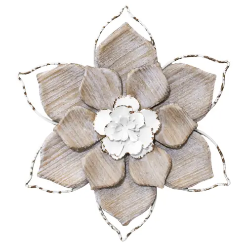Flor de metal para pared en tonos café y blanco de 28×4.5x24cm