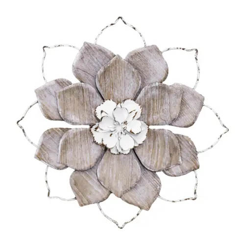 Flor de metal de pared en tonos café y blanco de 34×4.5x34cm