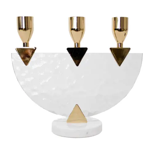 Candelabro de metal dorado para 3 velas con base de mármol de 20.5x8x17cm