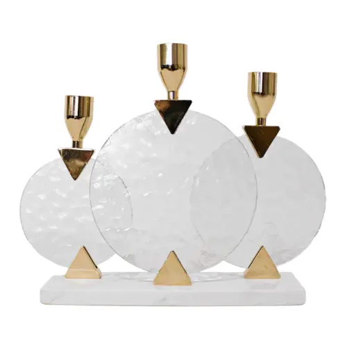 Candelabro de metal dorado para 3 velas con base de mármol de 27x6x21.5cm
