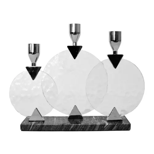 Candelabro de metal plateado para 3 velas con base de mármol de 27x6x21.5cm