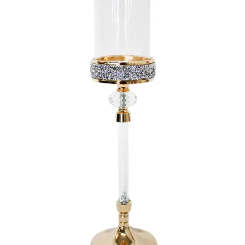Candelabro de metal dorado con cilindro de vidrio de 11.5×11.5x51cm