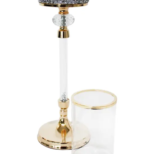 Candelabro de metal dorado con cilindro de vidrio de 11.5×11.5x51cm