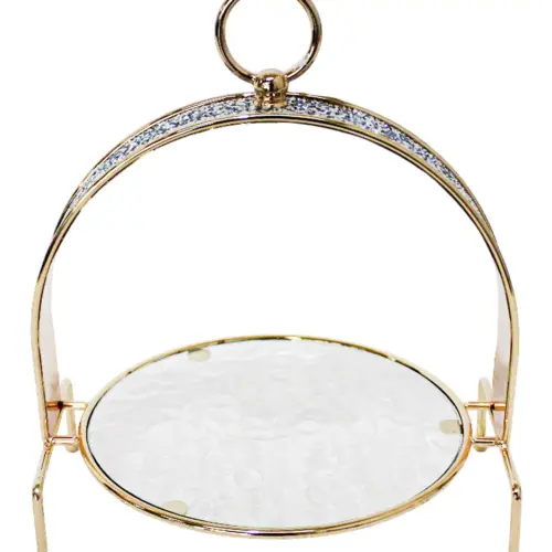 Dulcero de metal dorado con vidrio de 21x21x28cm