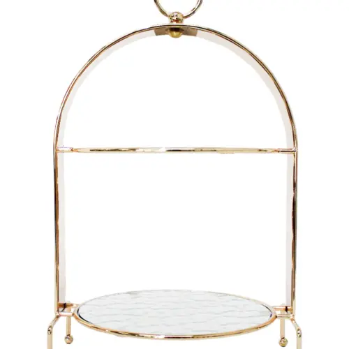 Dulcero de metal de 2 niveles dorado con vidrio de 23x21x38.5cm