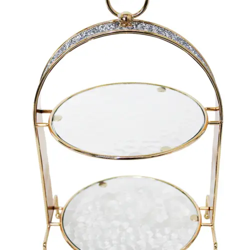 Dulcero de metal de 2 niveles dorado con vidrio de 23x21x38.5cm