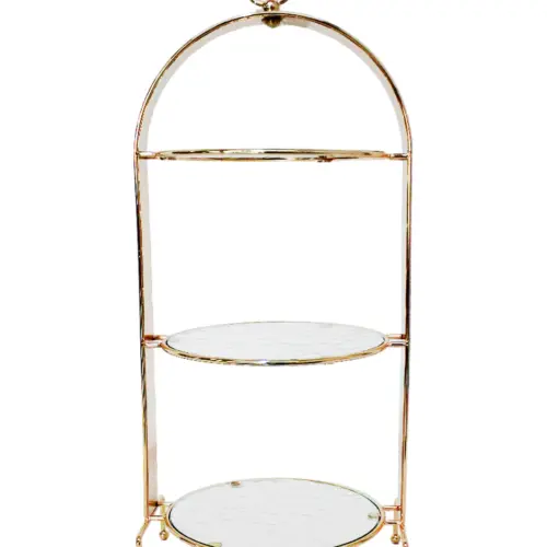 Dulcero de metal de 3 niveles dorado con vidrio de 21x21x55