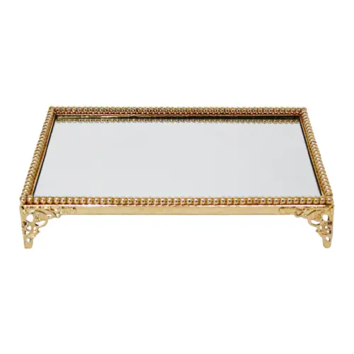Charola de metal dorado con vidrio de 34x22x6cm