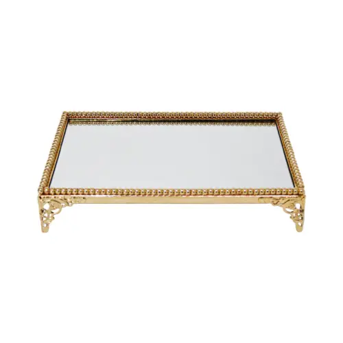 Charola de metal dorado con vidrio de 30x18x6cm
