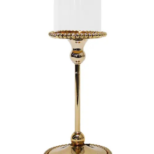 Candelabro de metal dorado con cilindro de vidrio de 12x12x33.5cm
