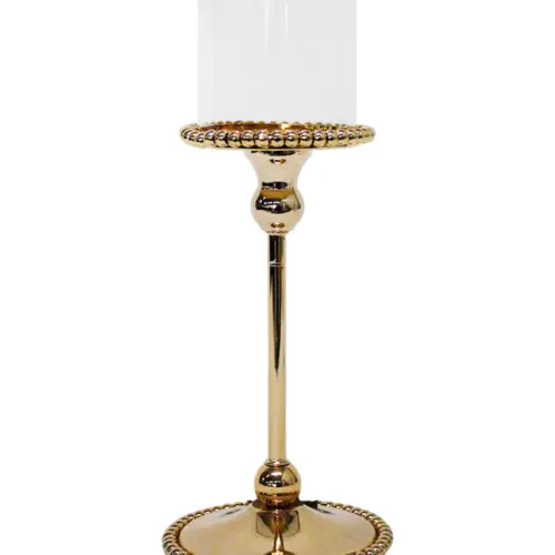 Candelabro de metal dorado con cilindro de vidrio de 12x12x29cm