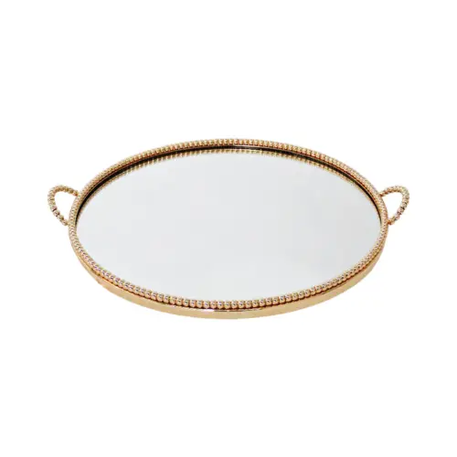 Charola de metal dorado con espejo y agarraderas de 35×29.5x4cm