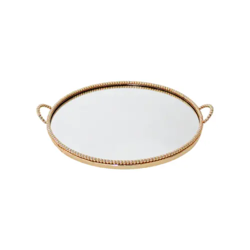 Charola de metal dorado con espejo y agarraderas de 30x25x4cm