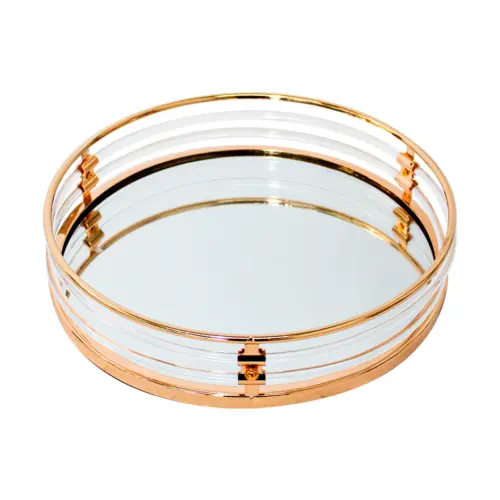 Charola de metal dorado con espejo de 30x30x6cm