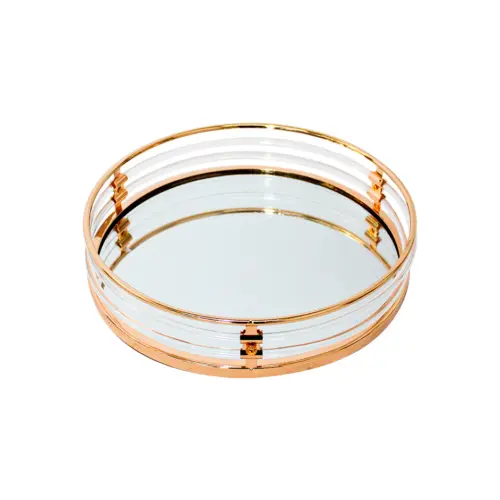 Charola de metal dorado con espejo de 25x25x6cm