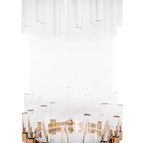 Candelabro de metal dorado con barras de vidrio de 12x12x19cm