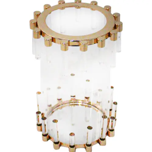 Candelabro de metal dorado con barras de vidrio de 12x12x15cm