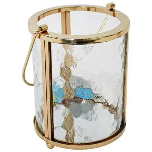 Candelabro de metal dorado con vidrio y agarradera de 10x10x13cm