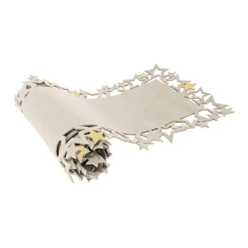 Camino de mesa de fieltro beige con orilla de estrellas doradas de 119x30cm