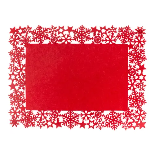 Mantel individual rectangular de fieltro rojo con orilla de copos de nieve de 40x30cm