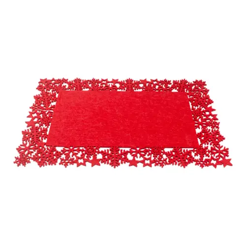 Mantel individual rectangular de fieltro rojo con orilla de copos de nieve de 40x30cm