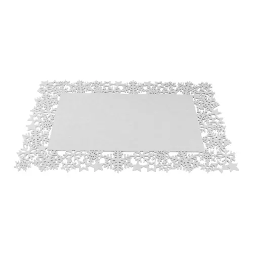 Mantel individual rectangular de fieltro blanco con orilla de copos de nieve de 40x30cm