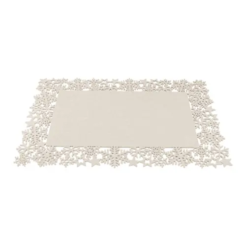 Mantel individual rectangular de fieltro beige con orilla de copos de nieve de 40x30cm