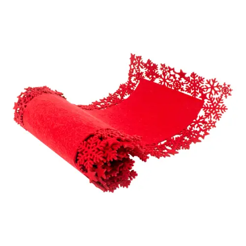 Camino de mesa de fieltro rojo con orilla de copos de nieve de 119x30cm