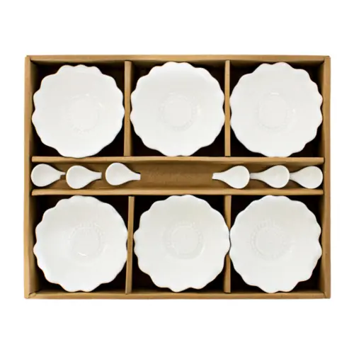 Juego de 6 tazones y diseño con 6 cucharas de porcelana blanca