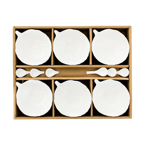 Juego de 6 tazones y diseño con 6 cucharas de porcelana blanca