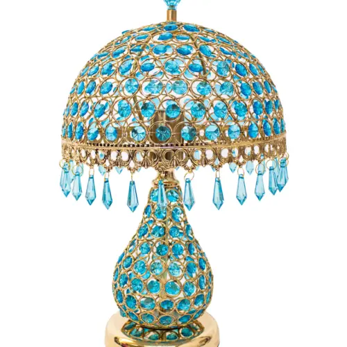 Lámpara de mesa con base dorada y cuentas azules de 25x25x42cm
