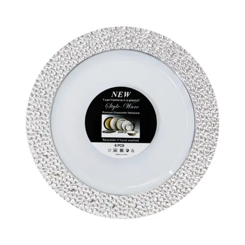 Juego de 6 platos blancos con orilla plateada de plastico de 18cm