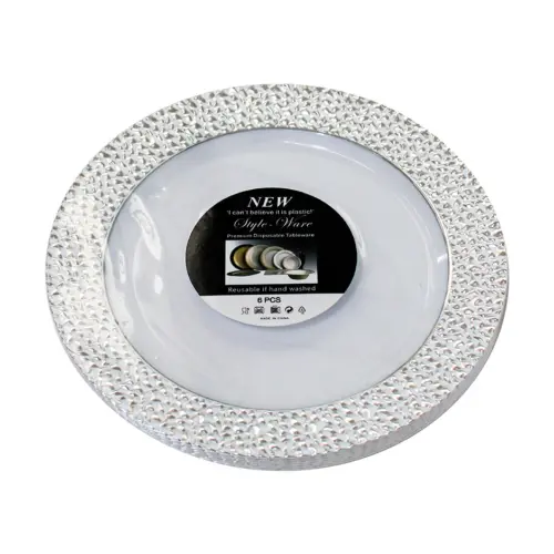 Juego de 6 platos blancos con orilla plateada de plastico de 18cm