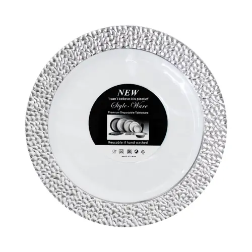 Juego de 5 platos blancos con orilla plateada de plastico de 23cm