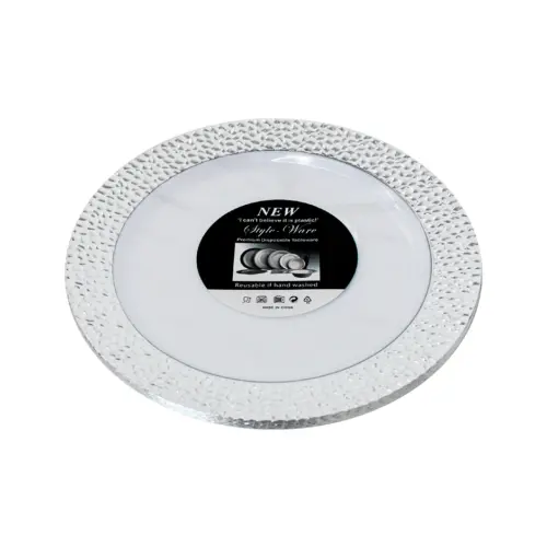 Juego de 5 platos blancos con orilla plateada de plastico de 23cm