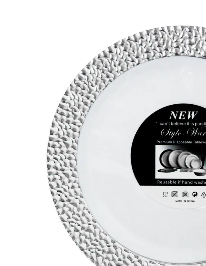 Juego de 5 platos blancos con orilla plateada de plastico de 23cm - Image 3