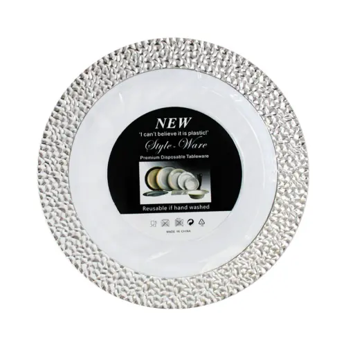 Juego de 3 platos blancos con orilla plateada de plastico de 25.4cm