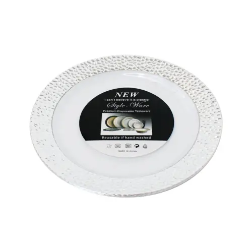 Juego de 3 platos blancos con orilla plateada de plastico de 25.4cm