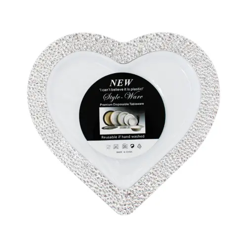 Juego de 3 platos blancos con orilla plateada de plástico diseño corazon de 25.4cm